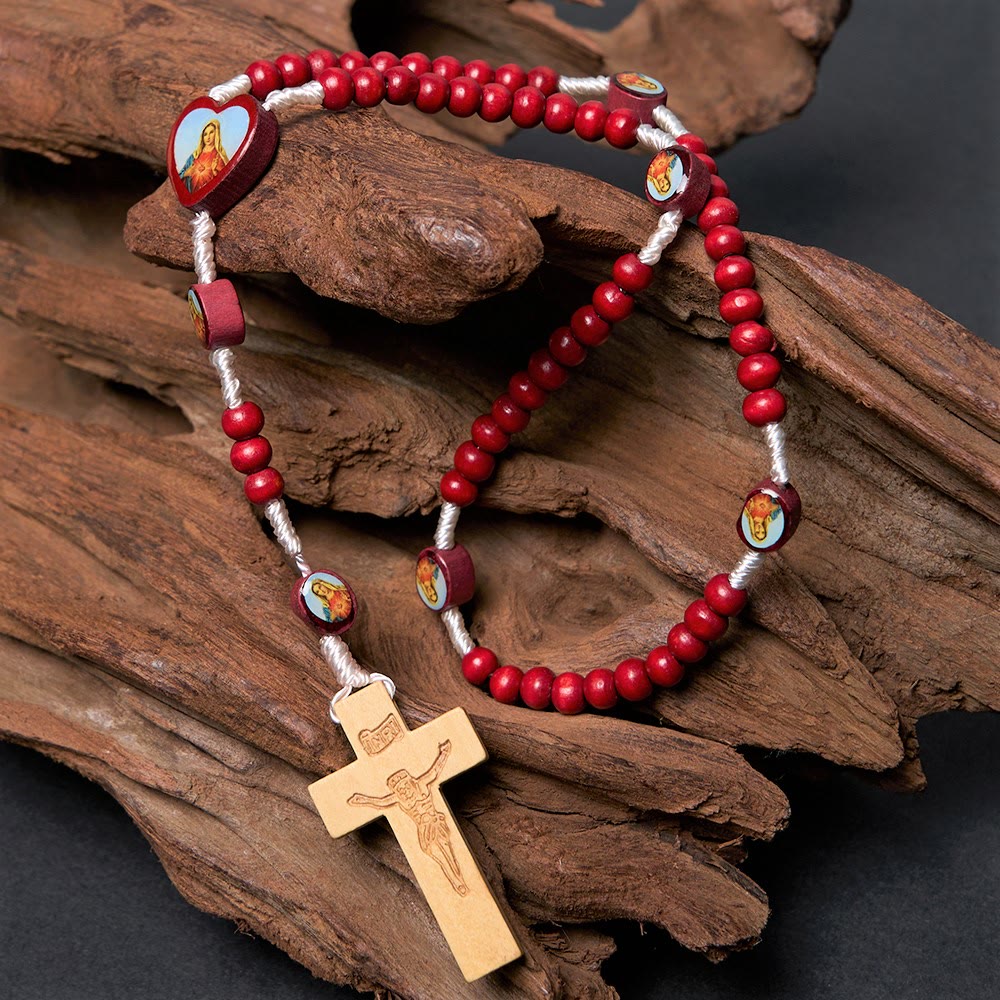 Rosario da tenere in mano con perline di legno rosso vino di arte cristiana, croce della Vergine Maria - Vergine Maria - image 0
