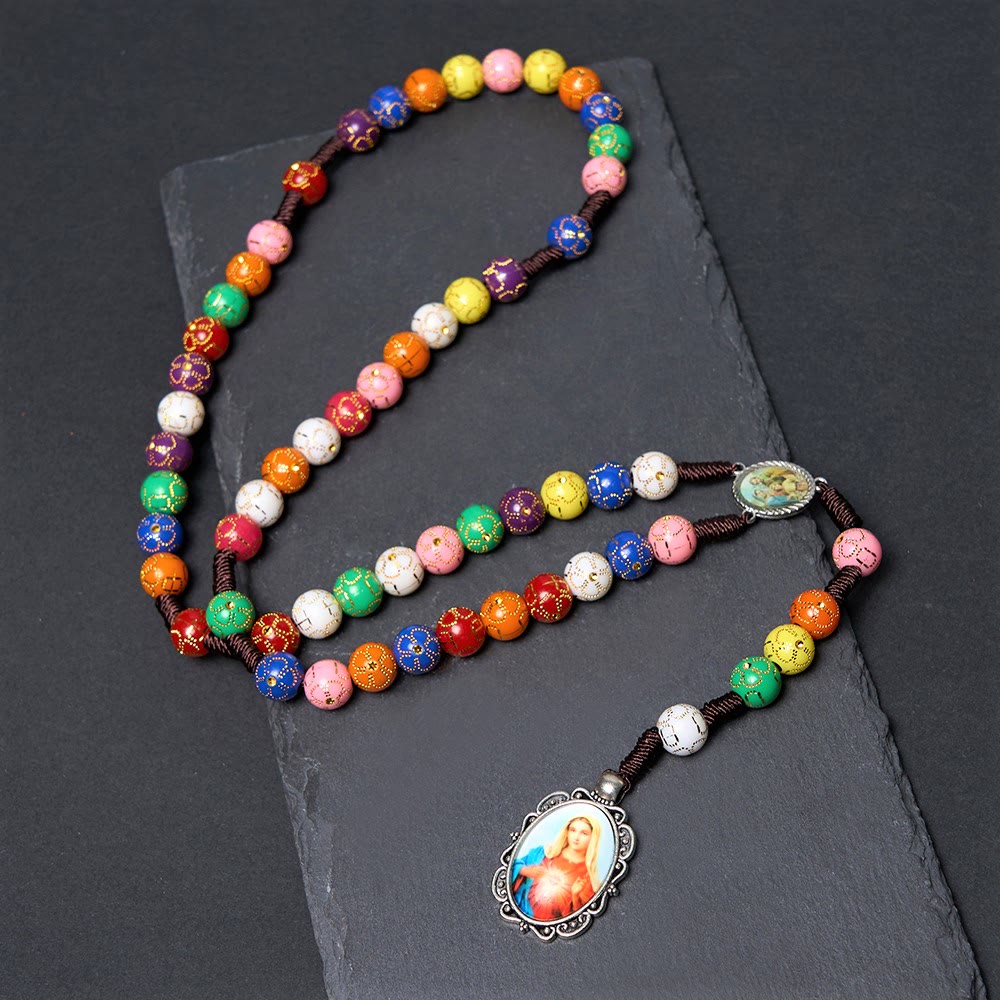 Christianartworkshop Rosario rotondo in cordino di nylon acrilico multicolore con la Madonna della Misericordia e Crocifisso da 8 mm - image 1