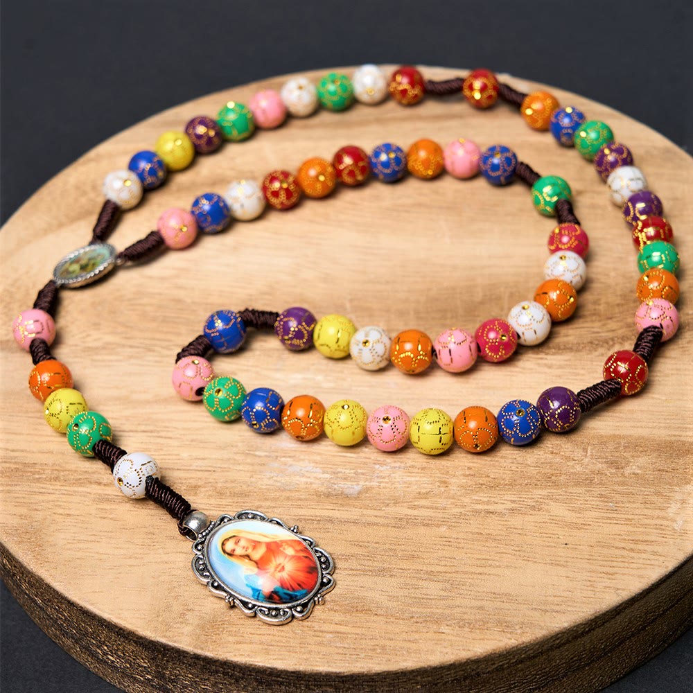 Christianartworkshop Rosario rotondo in cordino di nylon acrilico multicolore con la Madonna della Misericordia e Crocifisso da 8 mm - Multicolore - image 0