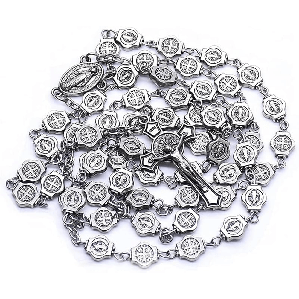 Christianartworkshop Medaglia di San Benedetto e Crocifisso di 8 mm Poliedro Rosario in lega di metallo argentato - image 4