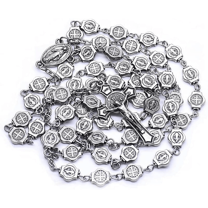 Christianartworkshop Medaglia di San Benedetto e Crocifisso di 8 mm Poliedro Rosario in lega di metallo argentato - image 4