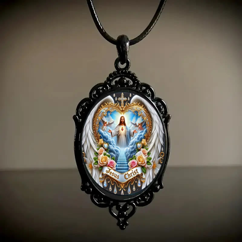 Christianartworkshop Collana colorata con bordo vintage in stile gotico con Gesù Padre Nostro - Nero - image 0