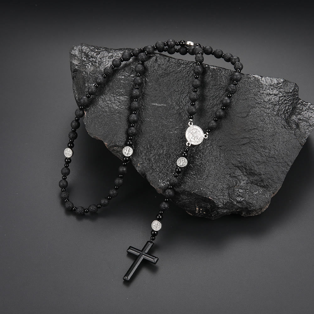 Christianartworkshop Medaglia di San Benedetto e croce in cordino di nylon multimateriale nero rotondo da 8 mm - Pietra vulcanica - image 3
