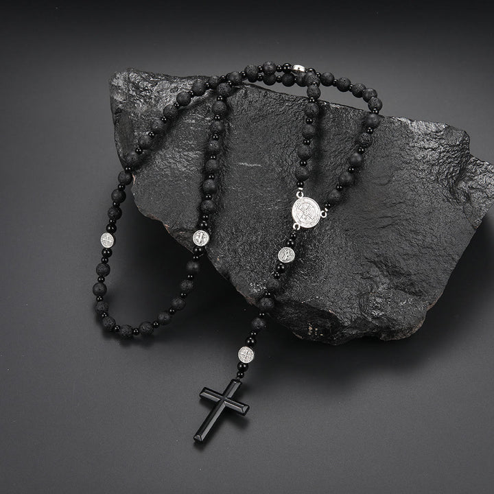 Christianartworkshop Medaglia di San Benedetto e croce in cordino di nylon multimateriale nero rotondo da 8 mm - Pietra vulcanica - image 3