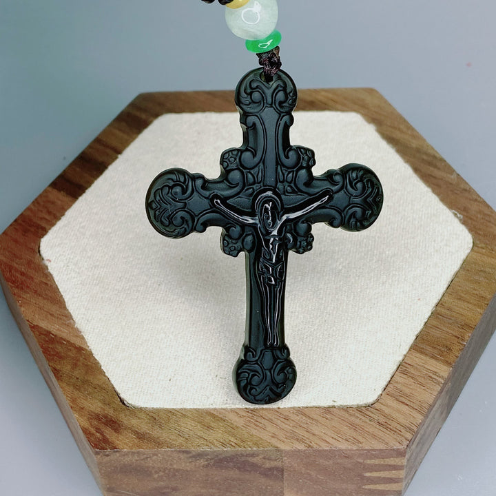 Collana con ciondolo a forma di crocifisso in ossidiana lavorata in stile classico Christianartworkshop - Nero - image 0