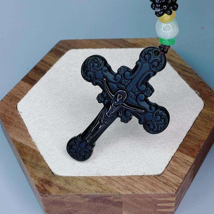 Collana con ciondolo a forma di crocifisso in ossidiana lavorata in stile classico Christianartworkshop - image 2