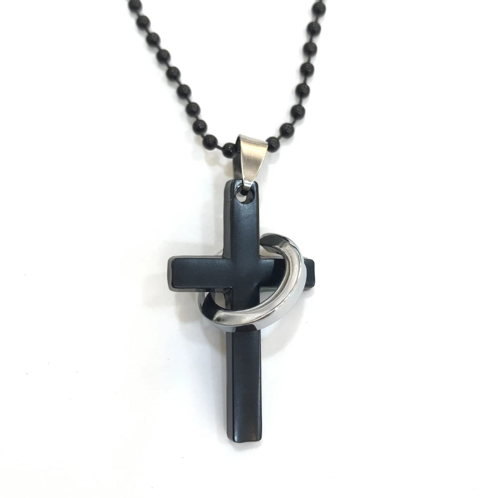 Collana in lega con ciondolo nero e anello a croce in stile minimalista Christianartworkshop - image 1