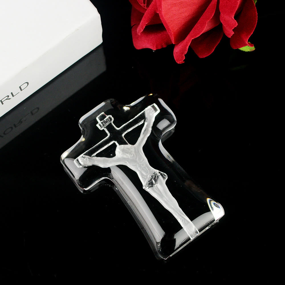 Christianartworkshop Crocifisso in cristallo bianco trasparente in stile classico, ornamenti da tavolo a forma di croce di Gesù - image 1