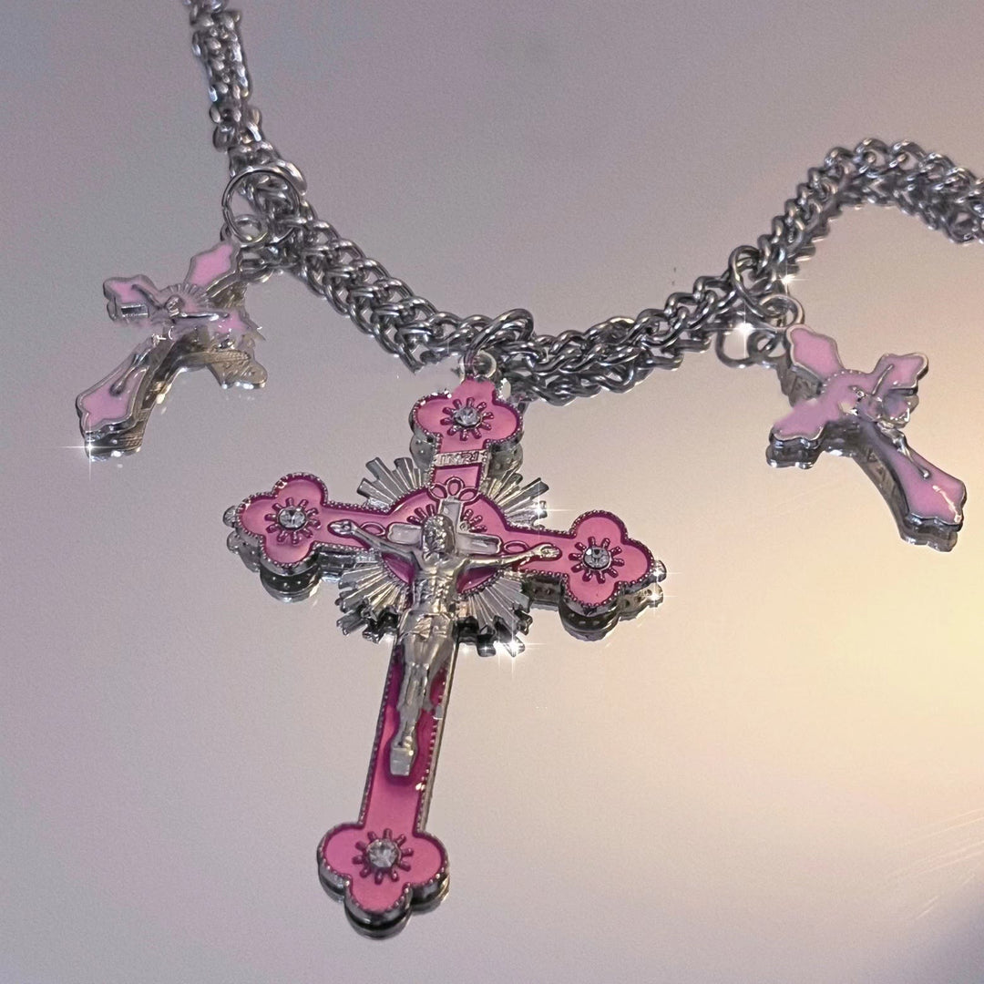 Collana con ciondolo a tripla croce in stile classico e colorato Christianartworkshop - Rosa - image 0