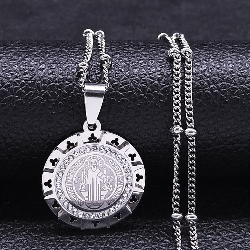 Christianartworkshop Collana con ciondolo medaglia di San Benedetto incastonata in stile retrò - Argento - image 0