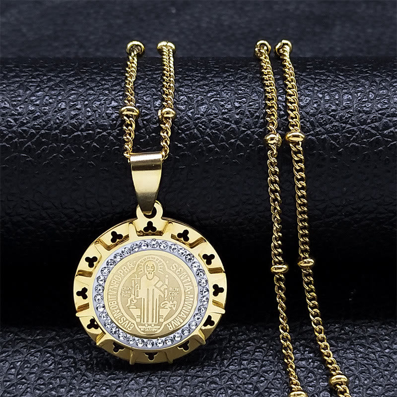 Christianartworkshop Collana con ciondolo medaglia di San Benedetto incastonata in stile retrò - D'oro - image 1