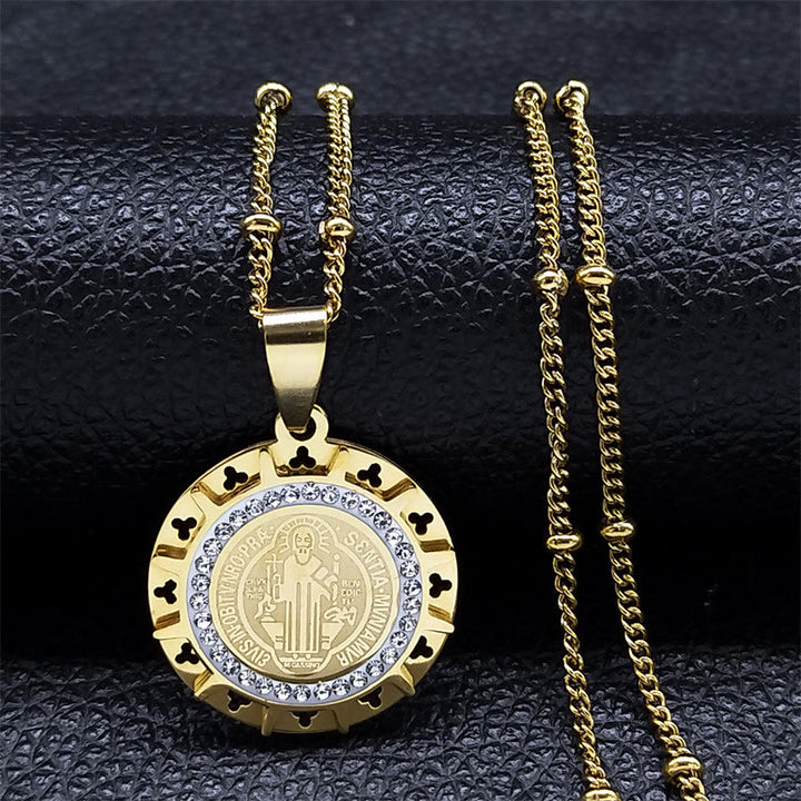 Christianartworkshop Collana con ciondolo medaglia di San Benedetto incastonata in stile retrò - D'oro - image 1