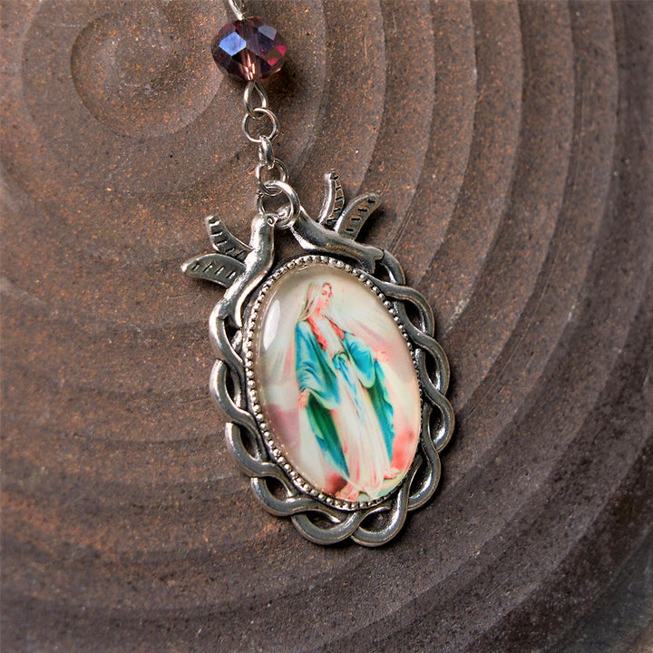 Christianartworkshop Rosario in lega di cristallo viola con catena in poliedro da 6*8 mm con Spirito Santo e Madonna delle Grazie - image 3