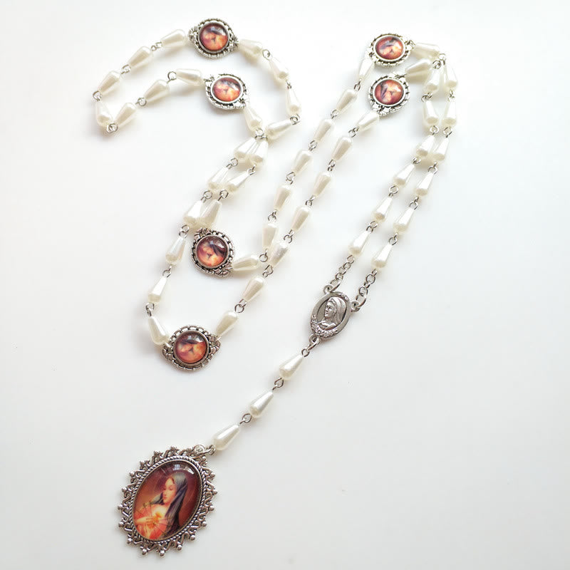 Christianartworkshop Rosario con catena in lega di perle bianche a forma di goccia del Cuore Immacolato di Maria da 5*10 mm - image 3