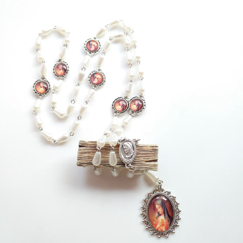 Christianartworkshop Rosario con catena in lega di perle bianche a forma di goccia del Cuore Immacolato di Maria da 5*10 mm - image 2