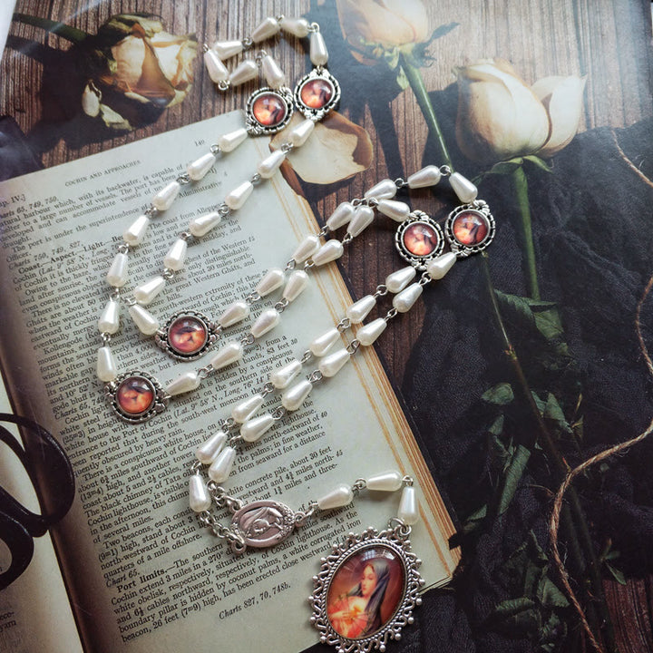 Christianartworkshop Rosario con catena in lega di perle bianche a forma di goccia del Cuore Immacolato di Maria da 5*10 mm - Bianco - image 0