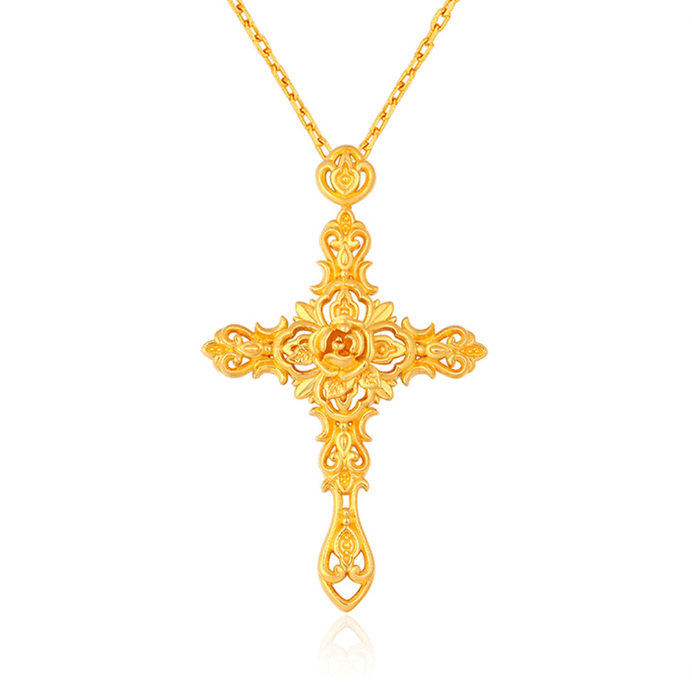 Christianartworkshop Ciondolo in oro puro 999 con croce e rosa in stile retrò, lavorazione artigianale antica - Ciondolo in oro 999 - image 0