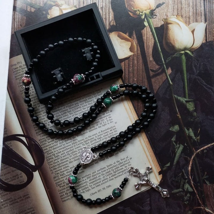 Christianartworkshop Medaglia di San Benedetto e Crocifisso di Rosario in cordino di nylon multimateriale nero rotondo da 8 mm - image 2