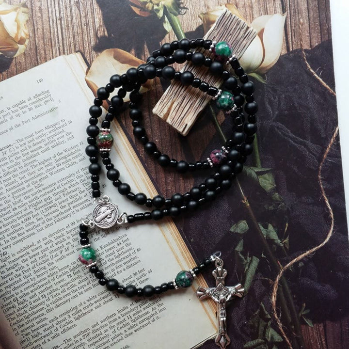 Christianartworkshop Medaglia di San Benedetto e Crocifisso di Rosario in cordino di nylon multimateriale nero rotondo da 8 mm - image 1