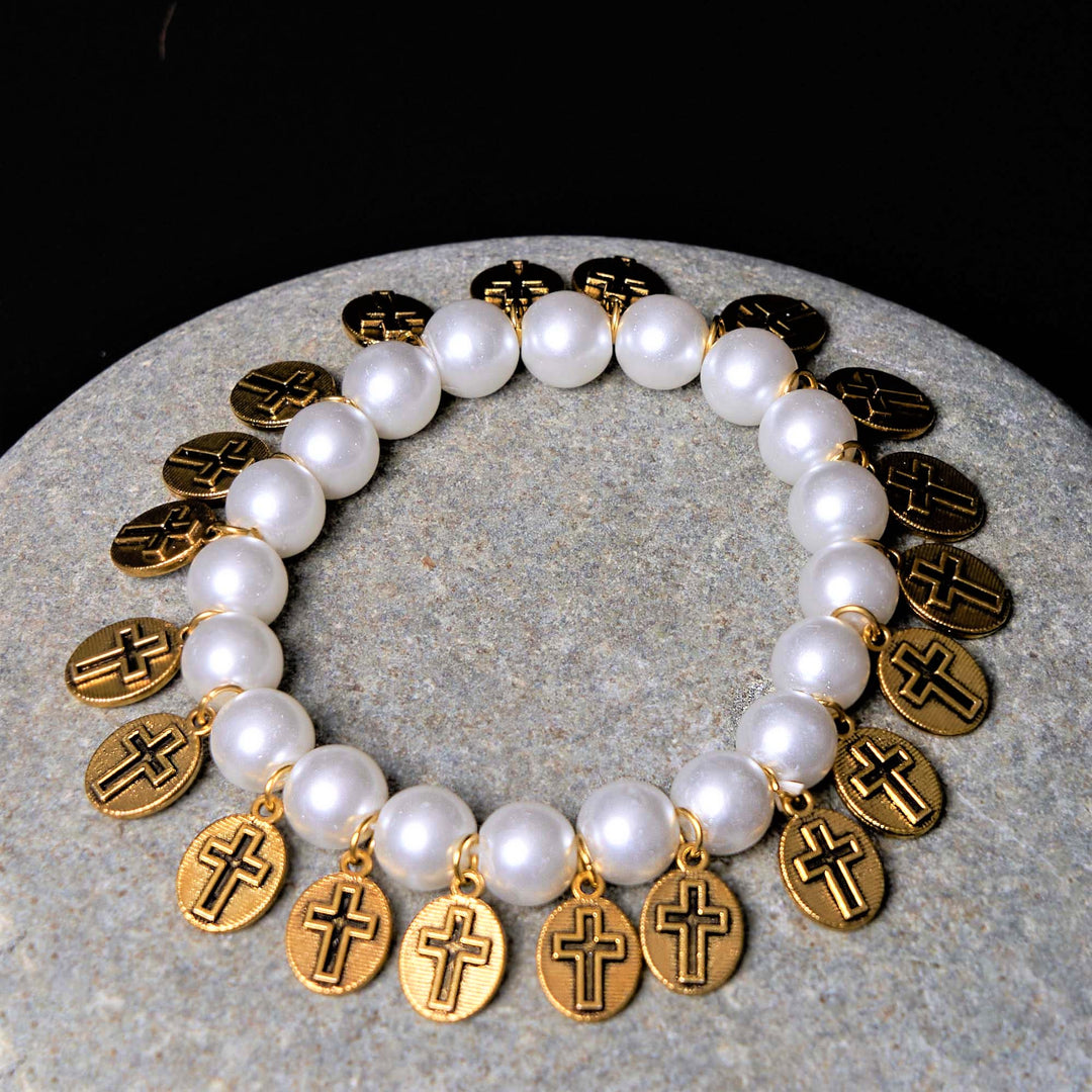 Christianartworkshop Braccialetto di perle con croce e medaglie di San Gesù e Maria in stile retrò - image 3