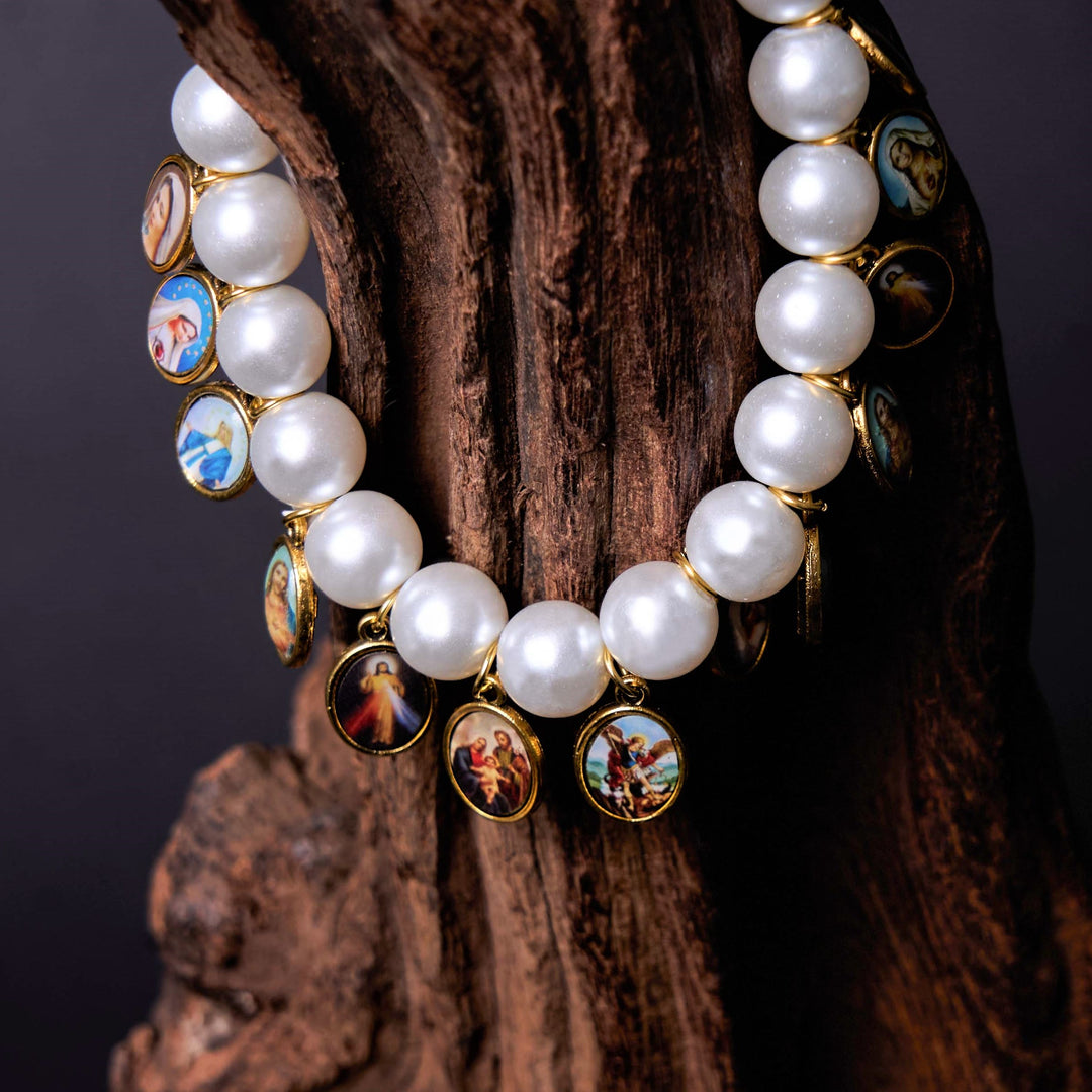 Christianartworkshop Braccialetto di perle con croce e medaglie di San Gesù e Maria in stile retrò - image 8