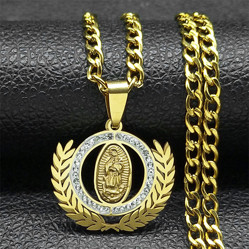 Christianartworkshop Collana con pendente in stile classico con ramo d'ulivo e strass della Madonna di Guadalupe - D'oro - image 0