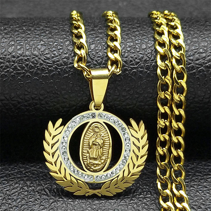 Christianartworkshop Collana con pendente in stile classico con ramo d'ulivo e strass della Madonna di Guadalupe - D'oro - image 0