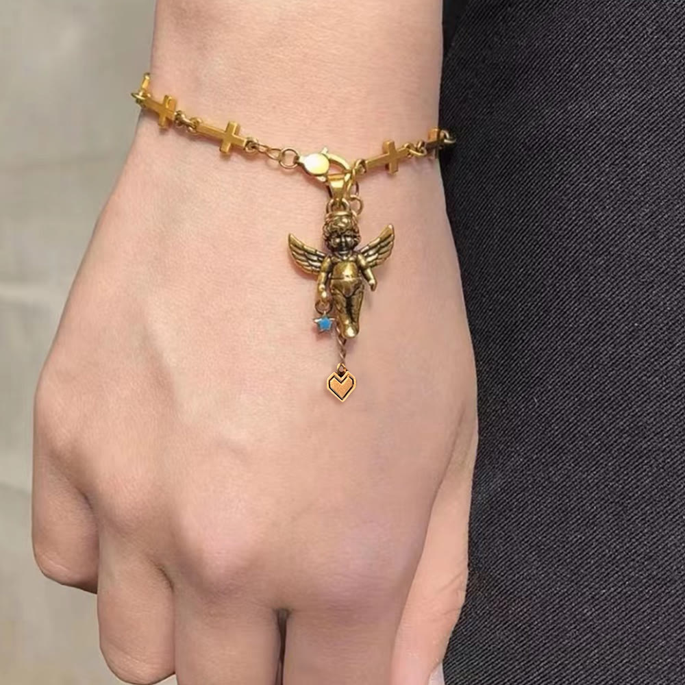 Braccialetto in bronzo con stella portafortuna, angelo e cuore a forma di croce in stile retrò Christianartworkshop - image 2