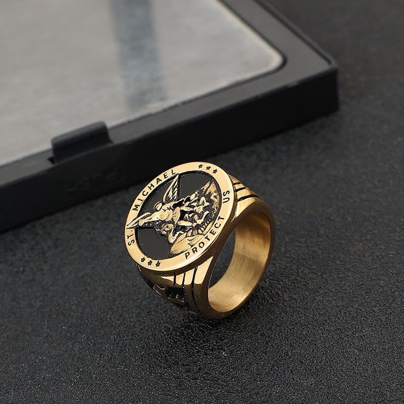 Christianartworkshop Anello in acciaio e titanio con Arcangelo Michele in stile retrò - D'oro - US13 - image 5