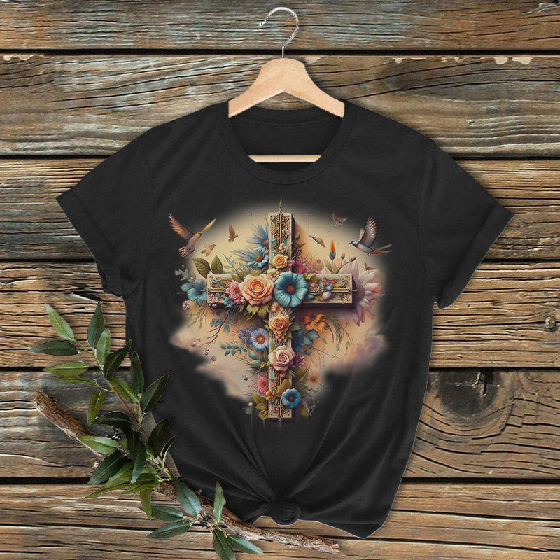 Christianartworkshop Maglietta lavata a maniche corte con croce dell'amore in stile classico colorato - Nero - 2XL - image 1
