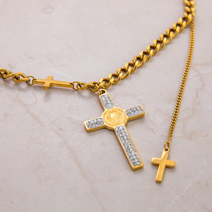 Christianartworkshop Collana a strati con ciondolo a croce di San Benedetto, collana a catena mista - image 2
