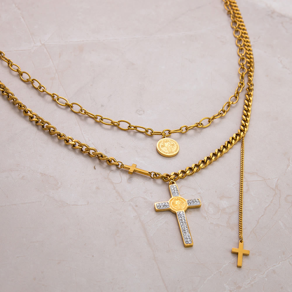 Christianartworkshop Collana a strati con ciondolo a croce di San Benedetto, collana a catena mista - image 3