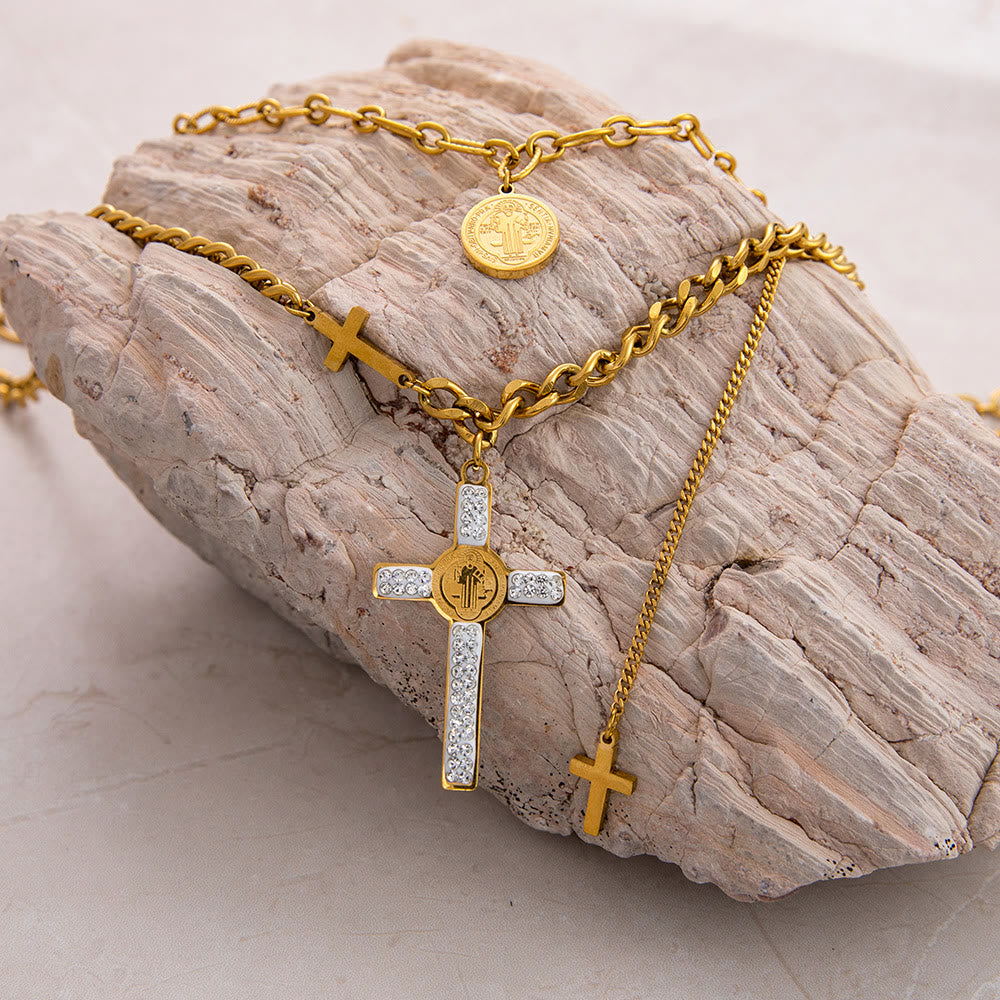 Christianartworkshop Collana a strati con ciondolo a croce di San Benedetto, collana a catena mista - D'oro - image 0
