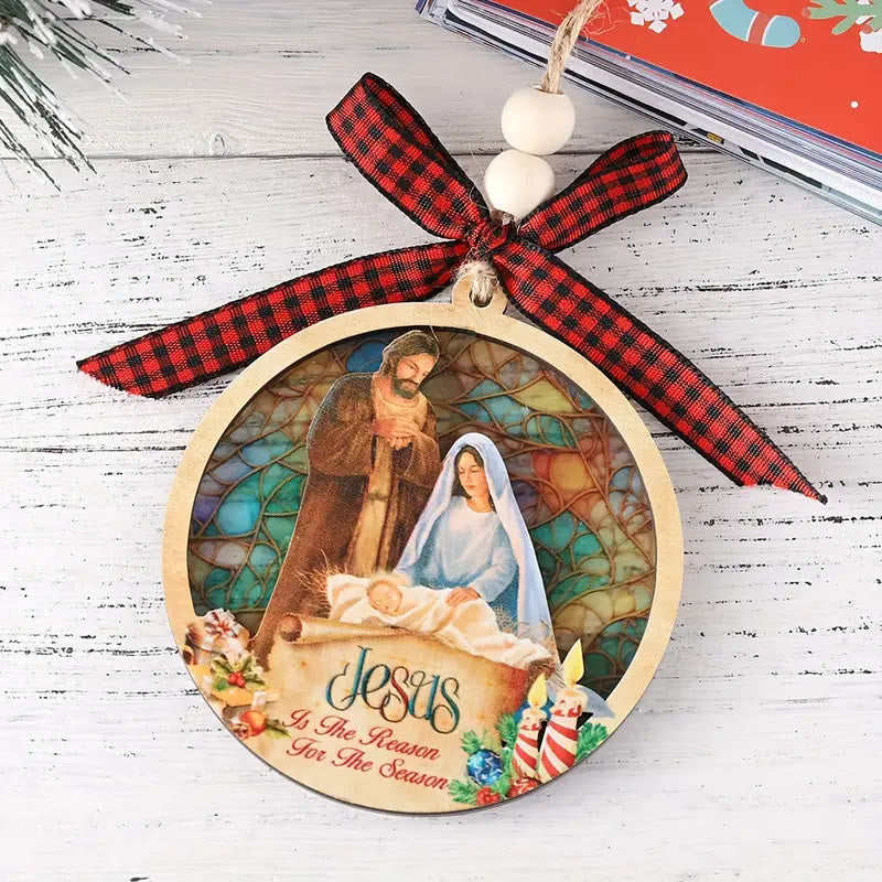 Christianartworkshop - Ciondolo in legno a strati in stile rustico colorato, decorazioni natalizie per la natività - Presepe - image 0