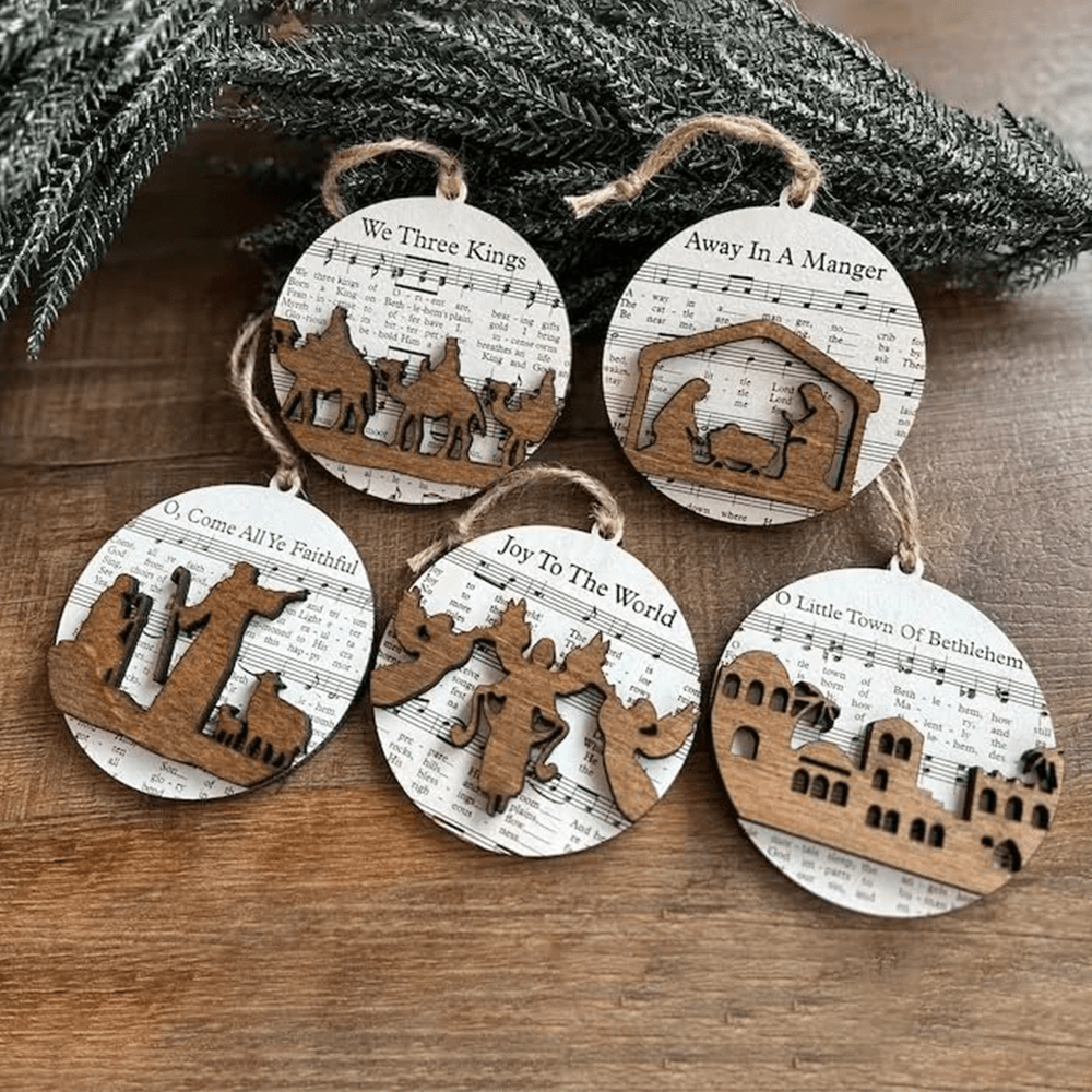 Christianartworkshop 5 spartiti musicali in legno in stile rustico per decorazioni natalizie della Natività - image 2