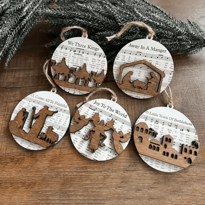 Christianartworkshop 5 spartiti musicali in legno in stile rustico per decorazioni natalizie della Natività - image 2