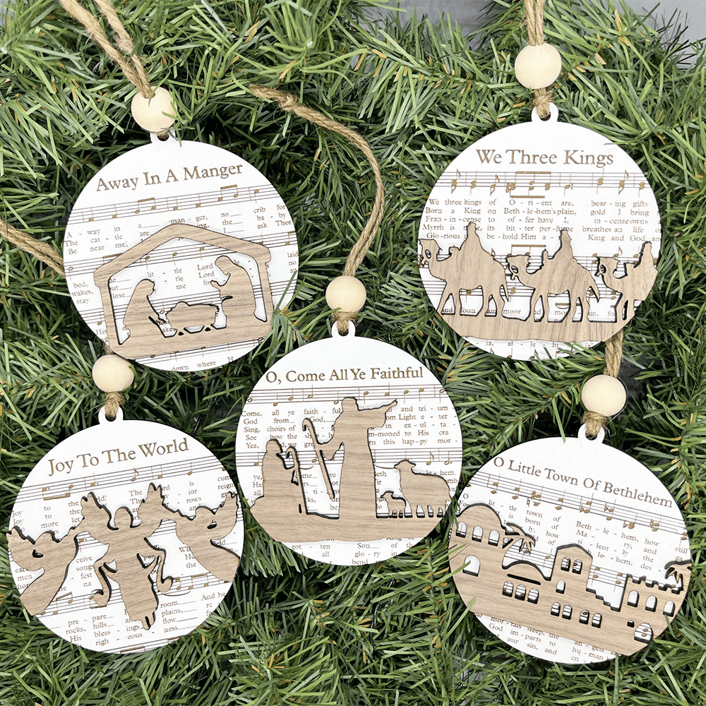 Christianartworkshop 5 spartiti musicali in legno in stile rustico per decorazioni natalizie della Natività - 5 pezzi/set - image 0