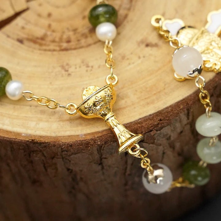 Christianartworkshop Santo Graal e Crocifisso con Rosario eucaristico in lega di calcedonio verde rotondo da 5*8 mm - image 5