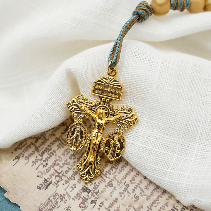 Christianartworkshop Medaglia di San Benedetto e Crocifisso da 10 mm in legno d'ulivo dorato con cordino in nylon e rosario tascabile - image 6