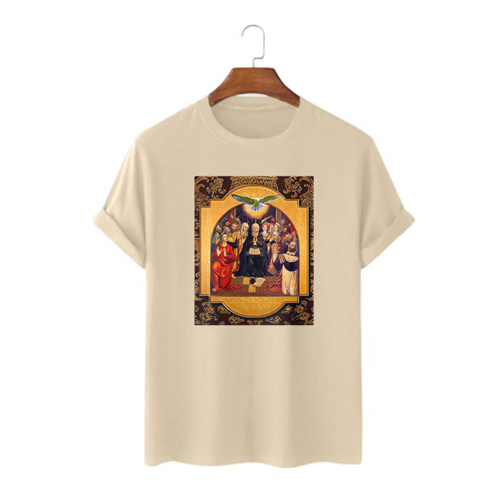 Christianartworkshop Maglietta a maniche corte in stile classico con lo Spirito Santo, gli Apostoli, la Vergine Maria - Cachi - 2XL - image 7