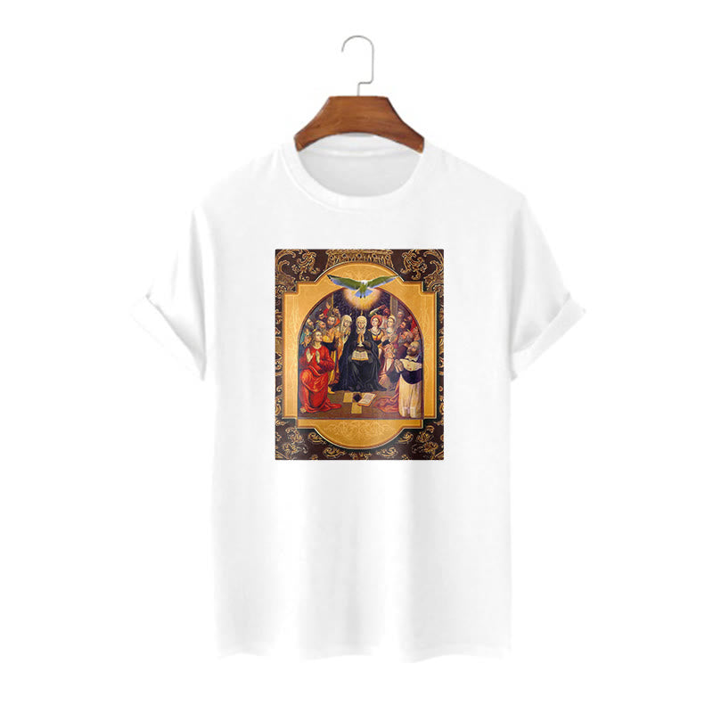 Christianartworkshop Maglietta a maniche corte in stile classico con lo Spirito Santo, gli Apostoli, la Vergine Maria - Bianco - 2XL - image 4