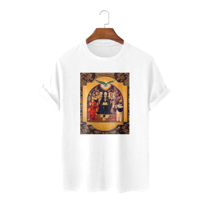 Christianartworkshop Maglietta a maniche corte in stile classico con lo Spirito Santo, gli Apostoli, la Vergine Maria - Bianco - 2XL - image 4
