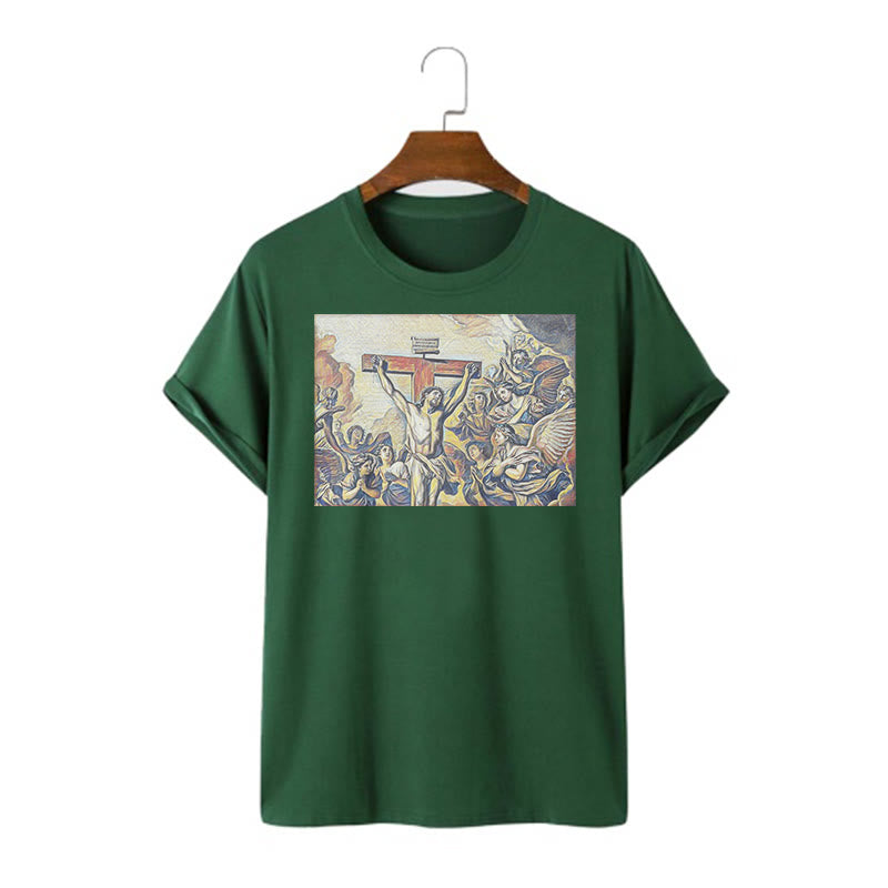 Christianartworkshop Maglietta classica a maniche corte con crocifissione di Gesù in stile classico - Verde scuro - 2XL - image 9