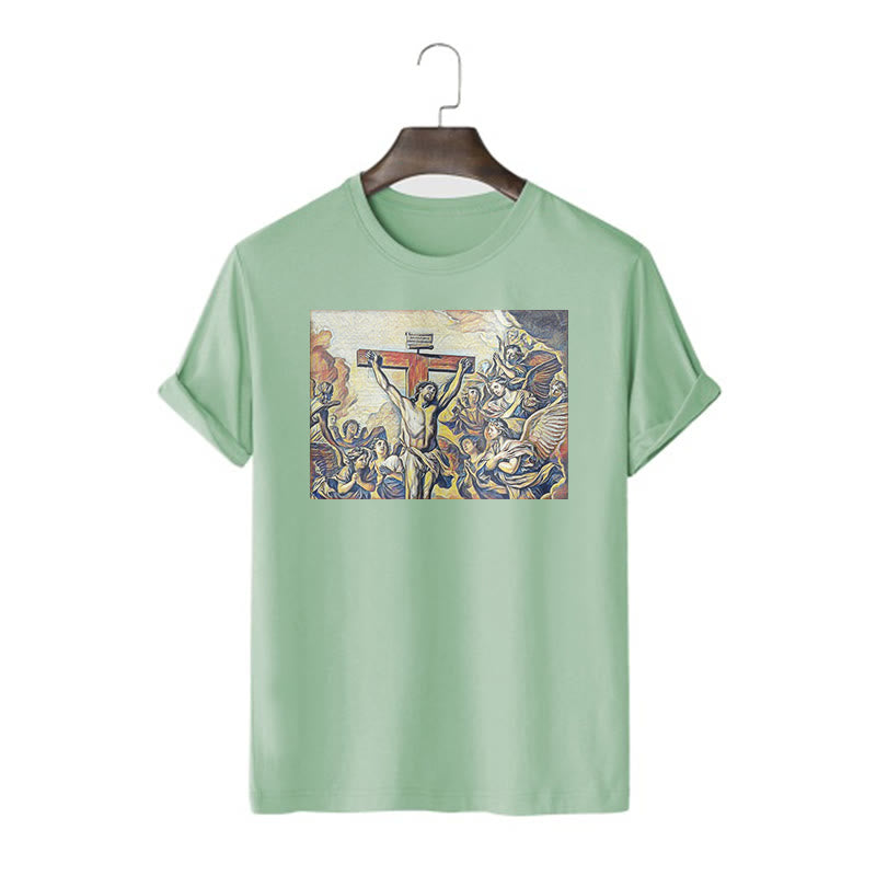 Christianartworkshop Maglietta classica a maniche corte con crocifissione di Gesù in stile classico - Verde chiaro - 2XL - image 11