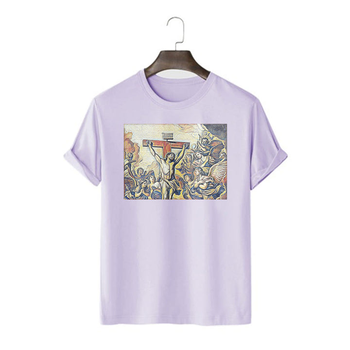 Christianartworkshop Maglietta classica a maniche corte con crocifissione di Gesù in stile classico - Viola - 2XL - image 15