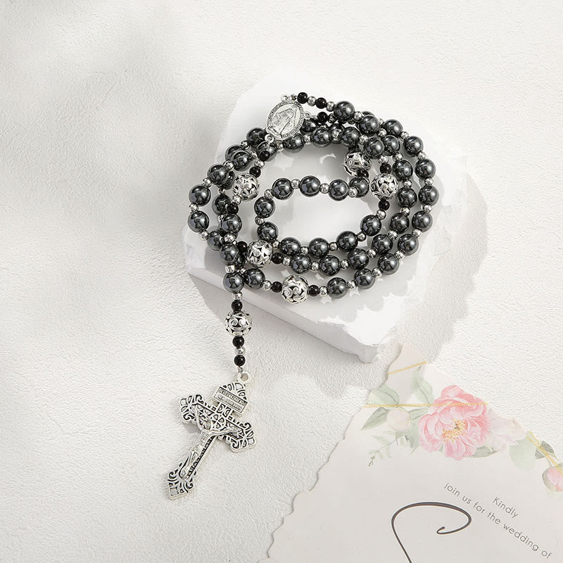 Christianartworkshop Medaglia miracolosa e crocifisso di rosario con cordino in nylon nero rotondo da 8 mm per calcoli biliari - Collana con perline rotonde da 8 mm con calcoli biliari neri - image 0