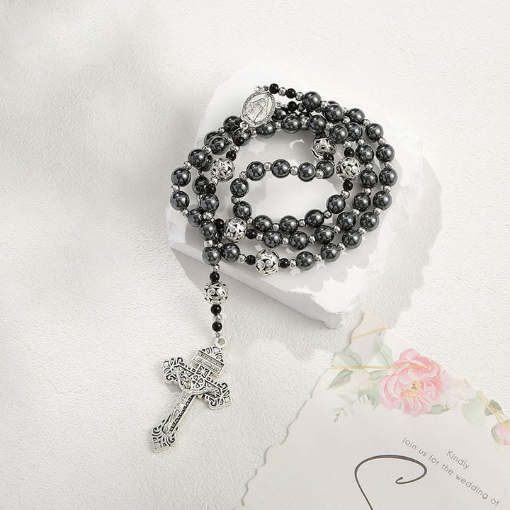 Christianartworkshop Medaglia miracolosa e crocifisso di rosario con cordino in nylon nero rotondo da 8 mm per calcoli biliari - Collana con perline rotonde da 8 mm con calcoli biliari neri - image 0