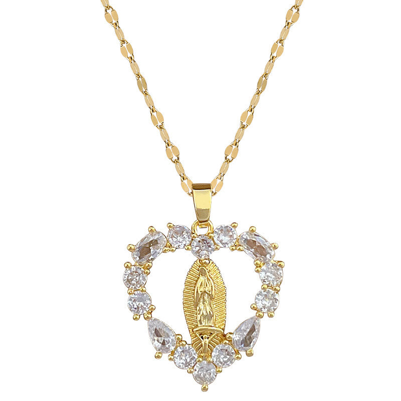 Christianartworkshop Collana con ciondolo di Nostra Signora di Guadalupe incastonato in pietre preziose a forma di cuore di lusso - image 5