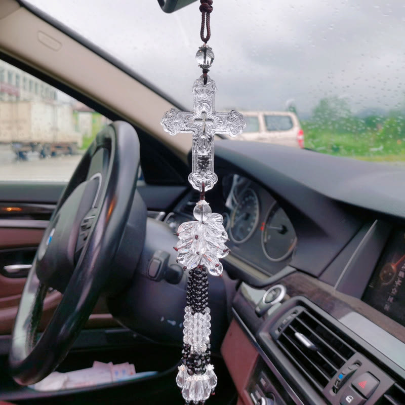 Christianartworkshop Ciondolo per auto in stile moderno, crocifisso artigianale, nappe di cristallo, ornamenti da appendere all'auto  - Ciondolo con perlina trasparente - image 11