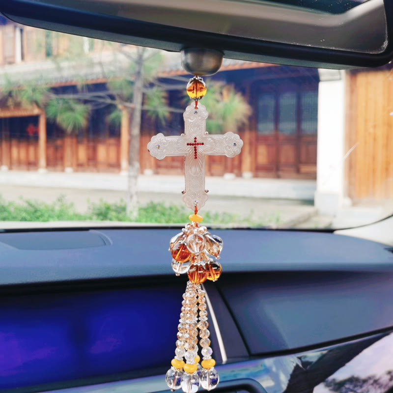 Christianartworkshop Ciondolo per auto in stile moderno, crocifisso artigianale, nappe di cristallo, ornamenti da appendere all'auto  - image 4